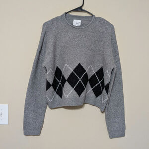 Willow & Wind Grandpa Core Gray & Black Argyle Cozy Sweater Dark Academia